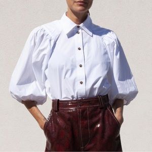Ganni Cotton Poplin Button Down Shirt Puff Sleeves